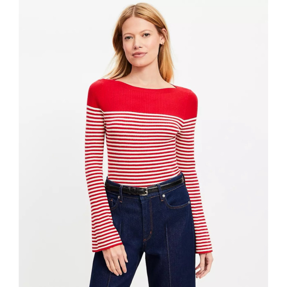 LOFT Red White Striped Boatneck Flare Sleeve Sweater Petite Small